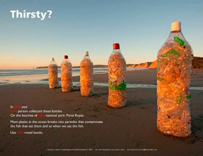 Botellas de casi 2 metros llenos de botellas recogidas por un hombre, en lo que va del año, playa de Point Reyes, California.